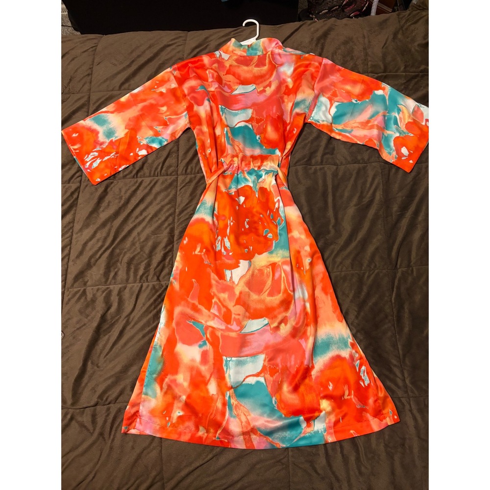 Natori Womens Abstract‎ Floral Satin Robe Orange Teal Pink Belted Kimono Small